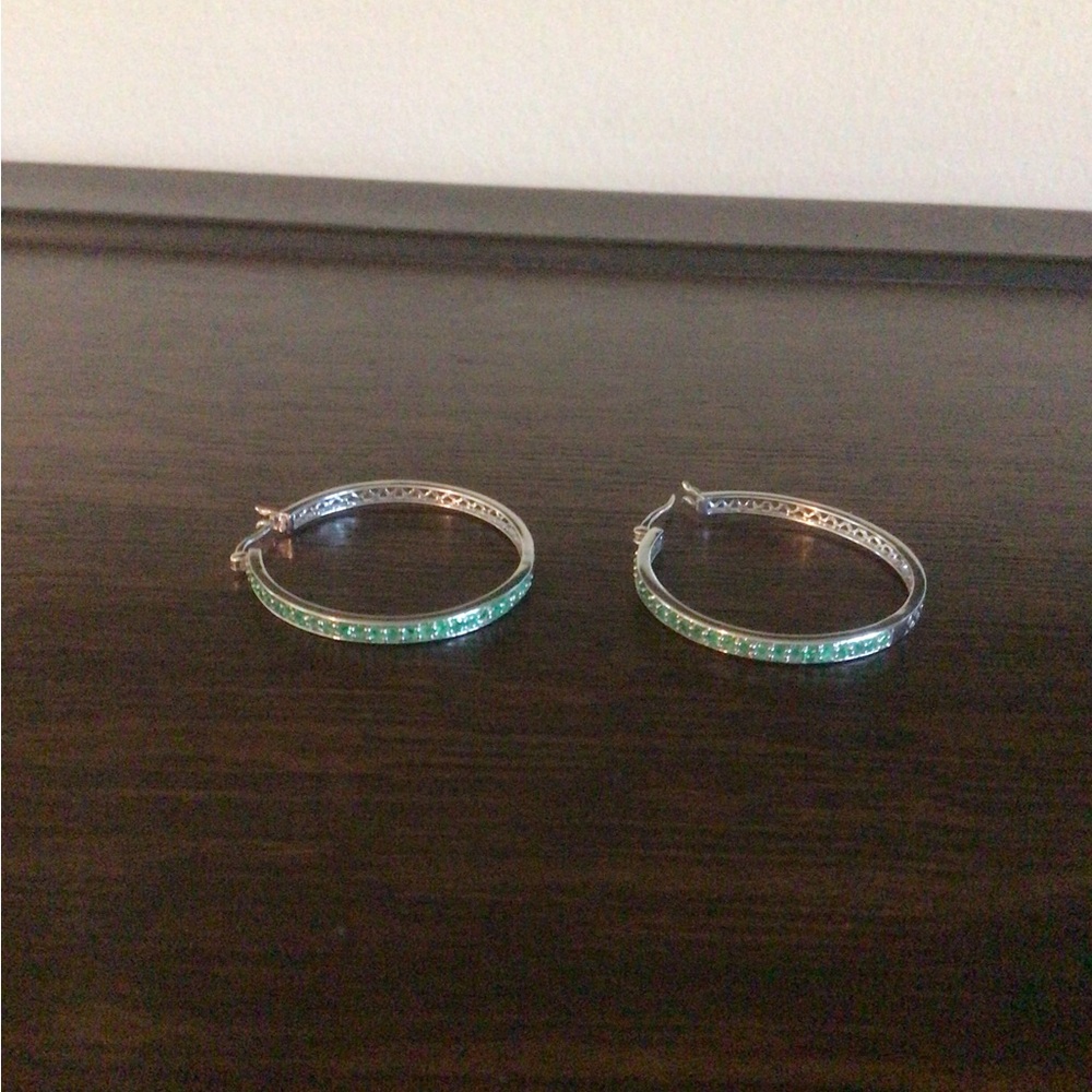 Broken Sterling Silver Zambian Emerald Hoop Earrings